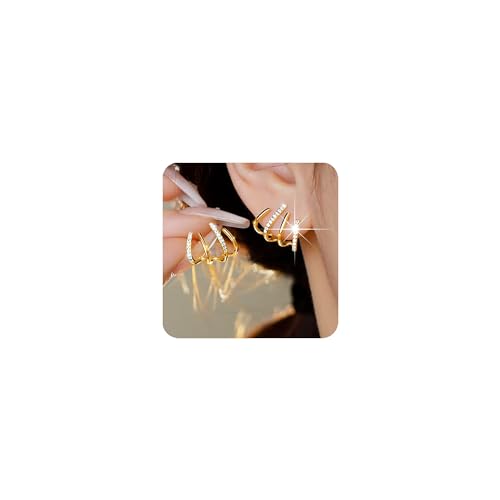 PANSHI Sterling Silver Post Cubic Zirconia Half Hoop Stud Earrings Looks Like 4 Gold Hoop Earrings for Women