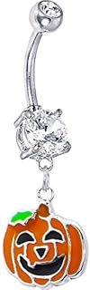 Fun Halloween Jackolantern Belly Ring with Dangle, Stainless Steel, 14g Gauge, Sparkling Ends Design, Perfect for Everyday Wear