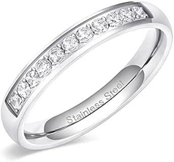 Monkton 3.5mm Women Half Eternity Bands Cubic Zirconia Promise Ring Stainless Steel Wedding Band Size 3-12.5