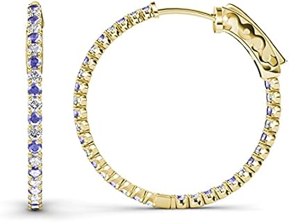 14K Yellow Gold Tanzanite & Diamond Inside-Out Hoop Earrings for Women, Hidden-Snap-Posts, Round Shape Design, US Made