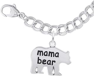 Sterling Silver Double Link Charm Bracelet with Enamel Mama Bear Design for Women