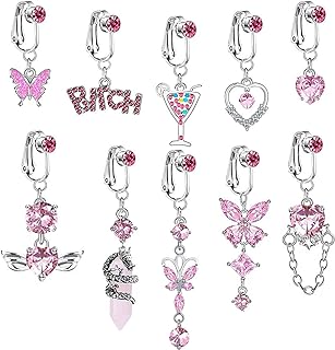 NEWITIN 10 Pieces Fake Belly Button Rings for Women Dangle Navel Ring Cubic Zirconia Non Piercing Belly Jewelry Clip on Belly Button Rings for Women Girls