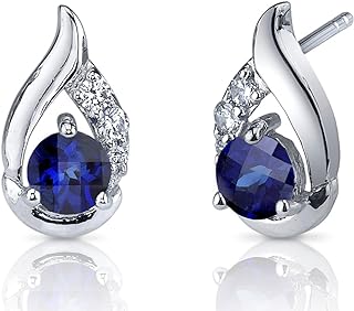 Peora Created Blue Sapphire Earrings 925 Sterling Silver, Radiant Teardrop Studs, 1.50 Carats Total Round Shape 5mm, Friction Back