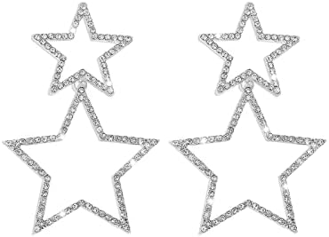 Star Earrings for Women Sparkle Silver Star Drop Earrings Rhinestone Big Star Dangle Earrings Hollow Star Dangling Earrings Long Double Star Stud Earrings Jewelry for Girls Lightweight Festival Christmas Birthday Party Jewelry Dainty Gifts for Friends (Silver double star)