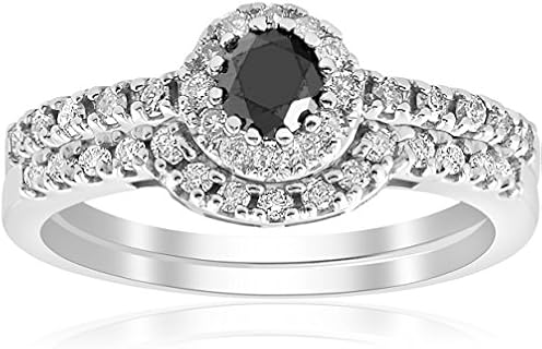 Vintage Black & White Diamond Halo Engagement Ring Set in 14k White Gold for Women with Round-Brilliant Design