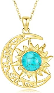 Sun and Moon Crystal Necklace with Rolo Chain - 18K Gold Plated Sterling Silver with Turquoise - Women's Crescent Design Jewelry Gift
