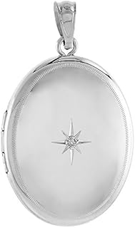 Sterling Silver Diamond Oval Locket Necklace Starburst Set Etched Border 1 1/32 inch