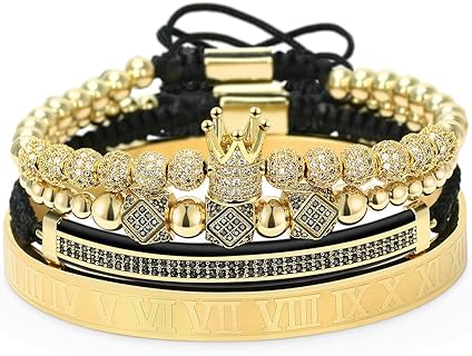 Imperial Crown King Charm Bangle Bracelet Set with Lobster Claw Clasp, Braided, Bead, Box, and Rope Chains, Agate Gems for Men and Women, Royal Design