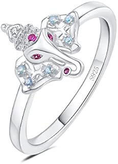 JewelryPalace Elephant Round Cut Created Ruby Rings for Women, 14K White Gold Plated 925 Sterling Silver Ring for Her, Fashion Gemstone Jewelry Sets Rings