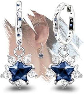 Moon Hoop Earrings with Hinged Hoop - Sterling Silver Blue Star Earrings with Cubic Zirconia for Women - Hypoallergenic and Lightweight Design for Comfortable Wear