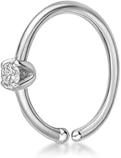 Lavari Jewelers 14k White Gold Hoop Nose Ring with 0.02 Carat Diamond Accent, Delicate Open Design for Everyday Wear