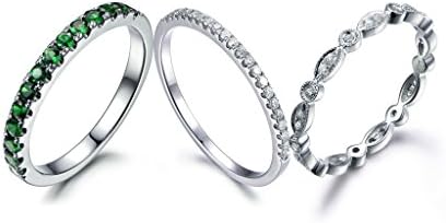 3 Wedding Ring Set,2mm Round Green Tsavorite Engagement Ring Eternity Diamond Promise Band 14k White Gold