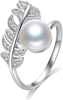 Bague Perles de Culture en Argent Sterling 925 avec Perle d'Eau Douce et Plume de Zircon Brillant pour Femme. Taille Ajustable, Cadeau Idéal pour Toutes Occasions