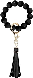 Wooden Beaded Wristlet Keychain Bracelet with Leather Tassel and Gold Clasp, Trendy & Convenient Accessory for Women - Silicone-coated Beads Design