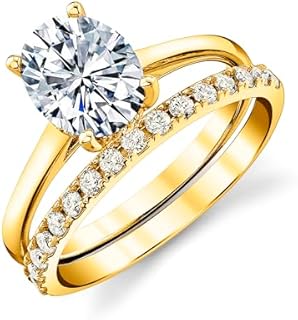 2.5 Carat Oval Under Halo Moissanite Bridal Set Engagement Wedding Ring in 18K Yellow Gold over Silver