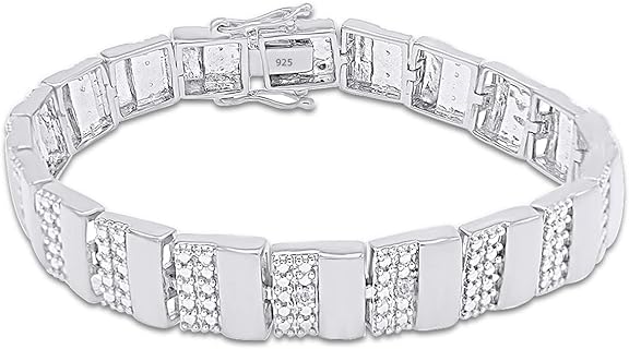 Men's 14k White Gold-Plated Sterling Silver Diamond Bead Bracelet with Braided Chain and Box Clasp, 8.25" Length - Ideal Father's Day Gift