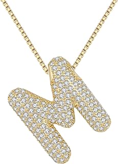 18K Gold Plated Brass Letter Pendant Necklace with Box Chain and Zirconia Gems for Women, Customizable Bubble/Balloon Design