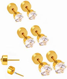 18K Gold Plated Forward Helix Stud Earrings Set with Cubic Zirconia for Women, One-Click Stainless Steel Earring Design, Sizes 3mm 4mm 5mm