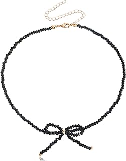 Boho Beaded Choker Necklace Gold Bow Ribbon Chain Chokers Necklace Vintage Crystal Bowknot Necklace Wedding Party Prom Necklace Jewelry for Women and Girls