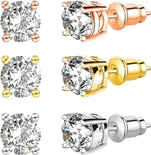 Push-Back 3 Pairs Copper Stud Earrings with Cubic Zirconia Gems for Men & Women | 18K Gold Plated Small Stud Design | Silver, Rose & Gold Tones - UnicoRing