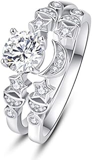 Hinge Clasp Witch Wedding Rings - 1.2ct Round Cubic Zirconia in 925 Sterling Silver Bridal Set for Women - Moon and Star Pattern - Sizes 6-9