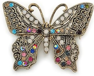 Marcasite Multicoloured Butterfly Brooch In Bronze Tone Metal - 47mm W