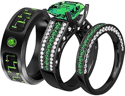 His & Hers Titanium Steel Couple Rings - Black Gold-Plated Wedding Bands with Princess-Cut Green Cubic Zirconia