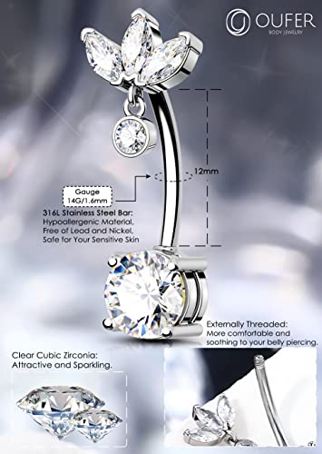 OUFER Belly Button Rings, 316L Surgical Steel Belly Rings, Clear CZ Dangle Belly Button Piercing, 14G Reverse Belly Piercing Jewelry, Long Belly Rings For Women Men