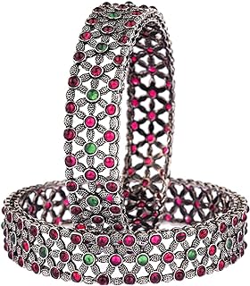 Oxidized Antique Indian Tribal Bangle Bracelet Set with Box Chain and Spring Ring Clasp for Women and Girls by Efulgenz