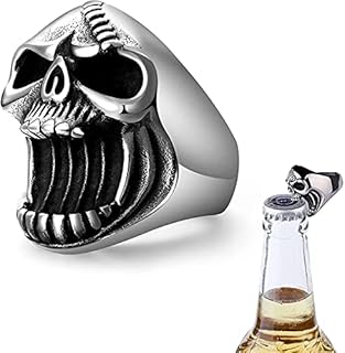 LAOYOU Skull Ring, Mens Stainless Steel Vintage Skull Bottle Opener Rings, Big Solid Heavy Gothic Biker Ring Christmas Halloween Gifts for Men Boys