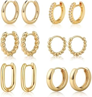 Charming Tasiso Small Hoop Earrings with Hinged Hoop Back Finding for Women - 14K Gold Plated Lightweight Brass Jewelry Gift Set (6 Pairs) - Various Chic Designs