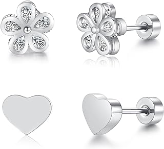 2 Pairs Silver Stud Earrings, Small Cubic Zirconia Earrings for Women, Screw Back Earrings for Girls, Cute Hypoallergenic Heart Flower Stud Earrings