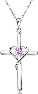 AmorAime 925 Sterling Silver Cross Necklace for Women Teen Girls 14K Gold Plated or Rose Gold Birthstone Necklaces for Teen Girls Gifts for Mother's Day, Birthday or Anniversary