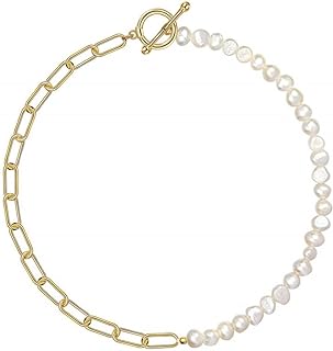 Exquisite Dainty Half-Pearl Chain Link Beaded Choker Necklace -Elegant,Stylish,Simple,Statement Fashion Minimalist Vintage Jewelry for Women and Girls - Perfect for Daily Wear