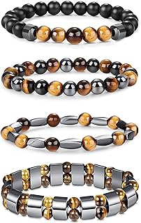 Jstyle 4Pcs Bead Bracelet for Men Women 8mm Tiger Eye Stone Beads Bracelet Elastic Natural Stone Bracelet Bangle