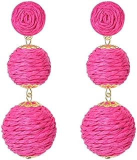 Boho Raffia Ball Long Earrings Multicolor Handmade Dangle Drop Earrings Bohemian Summer Beach Rattan Earrings Holiday Accessory Gifts
