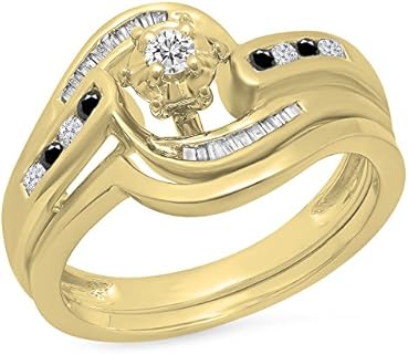 0.30 Carat (ctw) 10K Gold Round & Baguette Cut Black & White Diamond Bridal Engagement Ring Set 1/3 CT