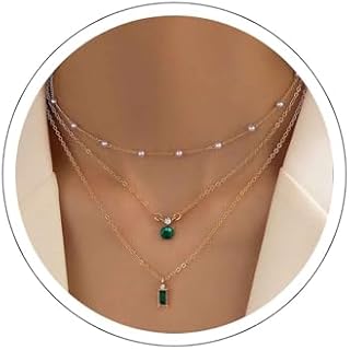 Bohemian Layered Emerald Pearl Choker Necklace Small Emerald Crystal Pendant Necklace Gold Pearl Satellite Chain Necklace Green Emerald Geometric Collar Necklace Jewelry for Women