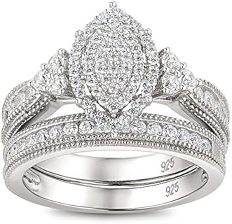SHELOVES Vintage Marquise Sterling Silver Engagement Ring with Cubic Zirconia Gems in Unique Halo Cluster Design