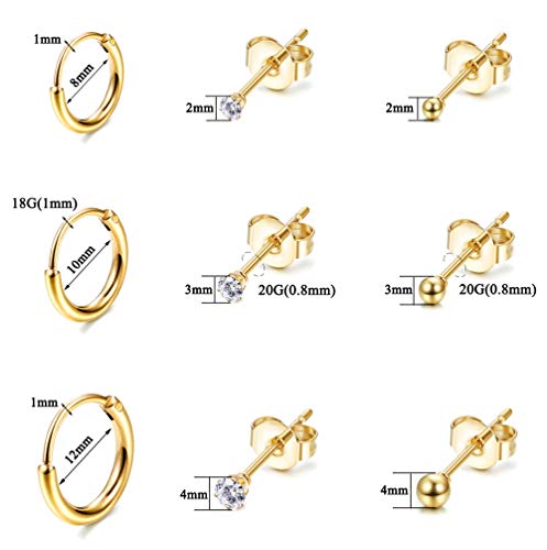 9Pairs Stainless Steel Tiny Cartilage Earrings Studs for Women CZ Balls Tragus Helix Endless Hoop Piercing Earring Set