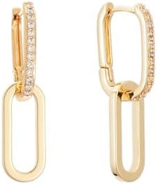 Sylph 18K Gold-Plated Rectangle Dangle Earrings with Hypoallergenic Copper Back Finding for Women - Trendy Paperclip Design
