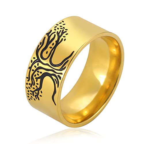 8mm Unisex Enamel Viking Tree of Life Band Ring,14K Gold Tree Engraved Black Resin Statement Band Ring for Women Men,No Fadding