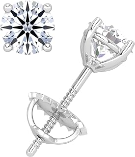Screw-Back Moissanite Stud Earrings - 14K White Gold Plated on 925 Sterling Silver for Women - Round Brilliant Cut Design