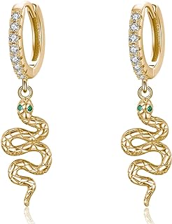 Sterling Silver Hinged Hoop Snake Stud Earrings with Cubic Zirconia Accents, Gold Plated, Hypoallergenic, Fashionable Jewelry for Men and Women - AOVEAO