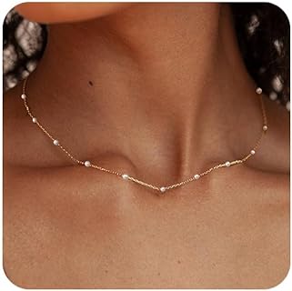 FUNEIA Dainty Pearl Necklace for Ladies in 14K Gold Plated White Gold with Cubic Zirconia Gems on a Cable Chain - Stylish Wedding/Prom Bridal Jewelry Accessory