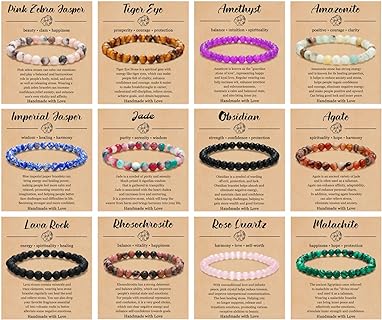BOMAIL Unisex 12PCS Semi-Precious Beaded Bracelets with Bead Chain, Healing Crystal Stone, Perfect for Women - Circular Round Beads
