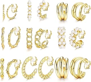 JeryWe 9 Pairs 14K Gold Clip On Earrings for Women Fashion Clip On Hoop Earrings Chunky Gold Hoop Earrings No Piercing Fake Earrings Set for Teen Gift