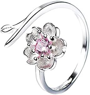CZ Flower 925 Silver Plated Engagement Open Band Ring for Women Girls Birthstones Statement Adjustable Cherry Blossom Leaf Finger Rings Comfort Fit Boho Birthday Wedding Jewelry
