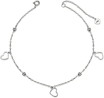 White Gold Cuff Bracelet with Bead Chain and Gold Gems Shaped in Dangling Hearts - 14K Solid Gold Heart Anklets for Women