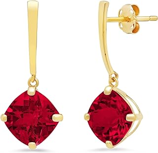 14K Yellow Gold Cushion Cut Ruby Clip-On Earrings with Push Backs, Gemstone Drop Dangle Design for Women, 8mm Birthstone by MAX + STONE